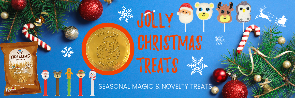 Promotional banner for Jolly Christmas Treats with festive elements and a gold coin.
