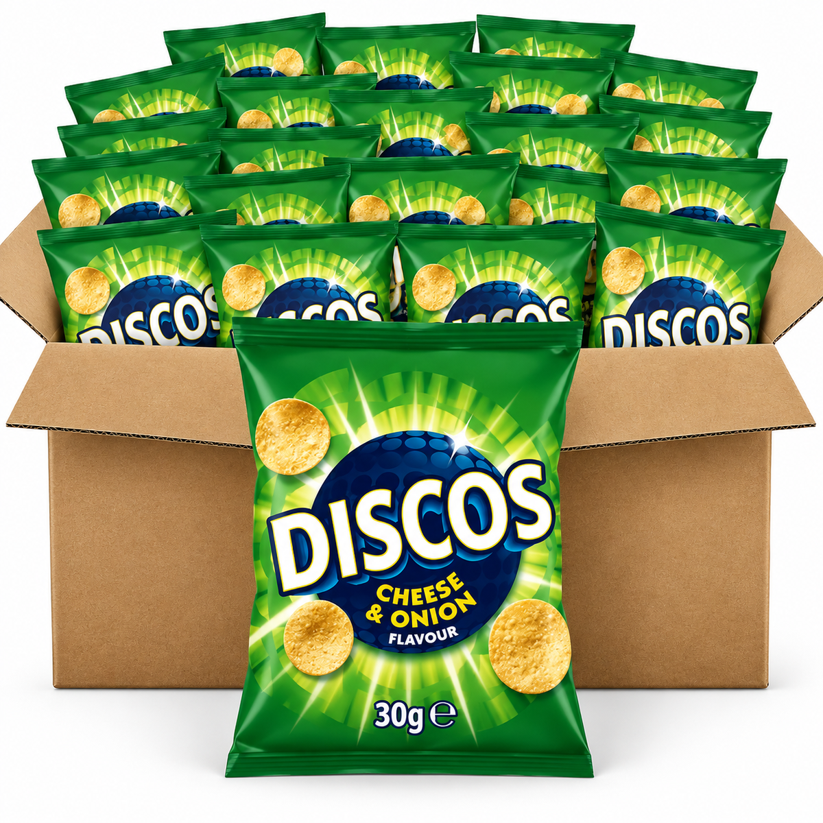 A bulk display of Discos Cheese & Onion Flavour potato chips, featuring a large brown cardboard box filled with green bags of chips and one individual 30g bag in the foreground.