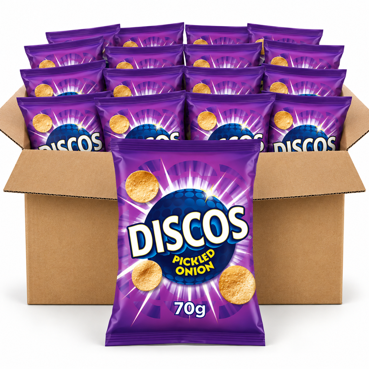 A bulk display showing a large cardboard box filled with bags of DISCOS Pickled Onion chips, with one front bag standing upright in front of the box on a white background.