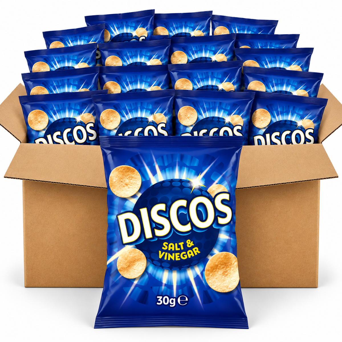 A bulk display of Discos Salt & Vinegar potato chips in blue 30g bags, with a large open cardboard box filled with the bags behind a single prominent bag in the foreground.