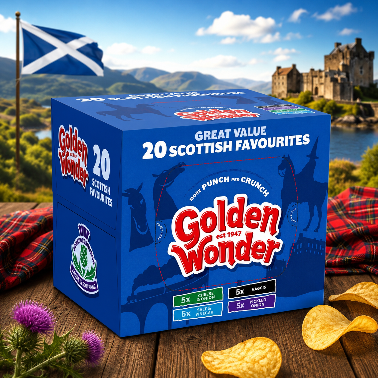 Golden Wonder Scottish Favourites Crisps Box 20 x 25g – a Scottish crisp selection featuring Haggis, Pickled Onion, Cheese & Onion and Salt & Vinegar flavours.