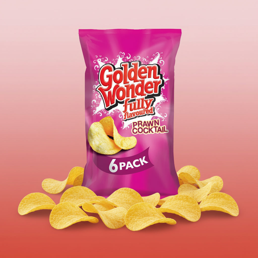 Golden Wonder Prawn Cocktail Crisps 6 x 25g Multipack – Classic Favourite Pink packaging of Golden Wonder prawn cocktail flavored chips with a 6 pack label.