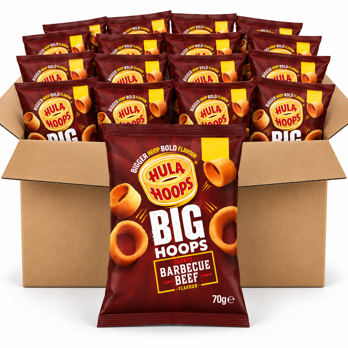 A bulk box of Hula Hoops Big Hoops Barbecue Beef flavored potato chips, with a single bag of chips displayed prominently in front of a cardboard shipping box filled with multiple bags.