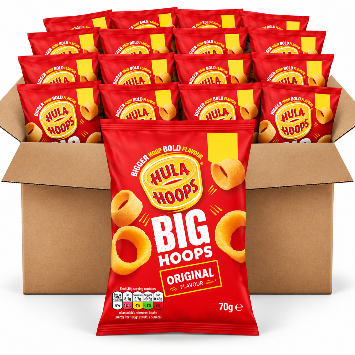A large open cardboard box filled with red bags of Hula Hoops Big Hoops Original Flavoury Chips, with one bag prominently displayed in front.
