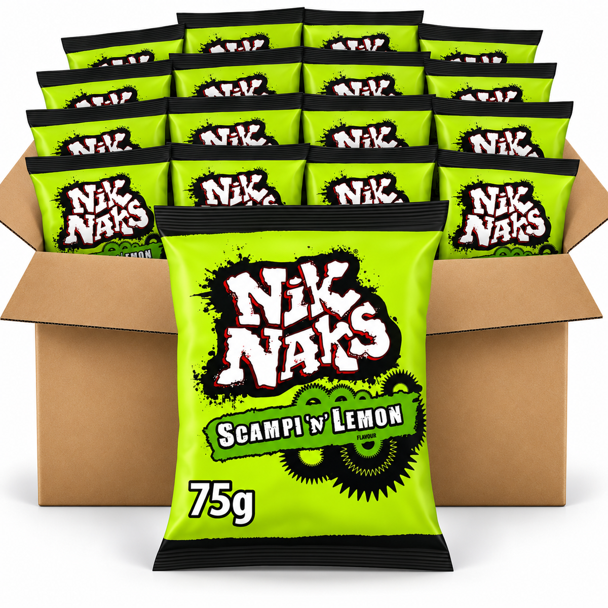 A bulk pack of Nik Naks Scampi 'n Lemon potato chips, featuring a large lime green bag in the foreground with a cardboard box filled with smaller identical bags behind it.