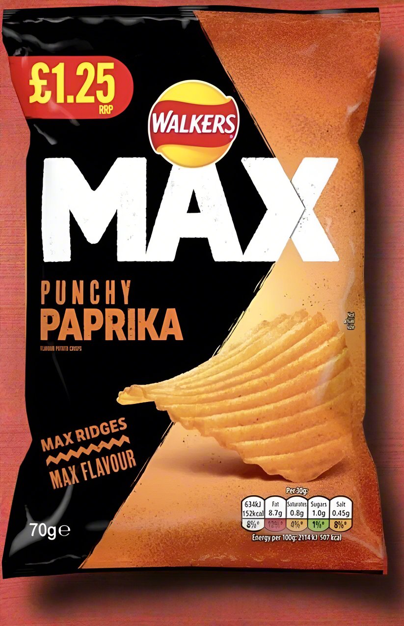 Walkers Max Punchy Paprika Crisps £1.25 RRP PMP 70g BBE 11/5/24