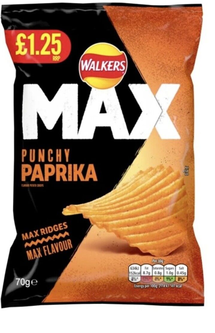 Walkers Max Punchy Paprika Crisps £1.25 RRP PMP 70g BBE 11/5/24