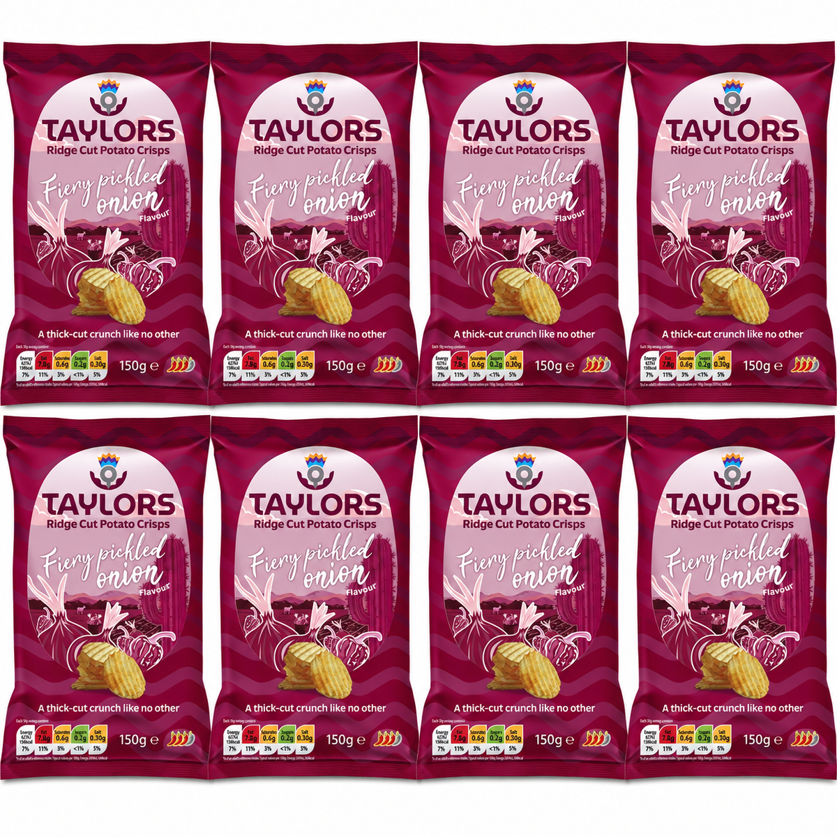 Eight bags of TAYLORS Ridge Cut Potato Crisps in 'Fiery picked onion' flavor, arranged in a 2x4 grid on a plain white background.
