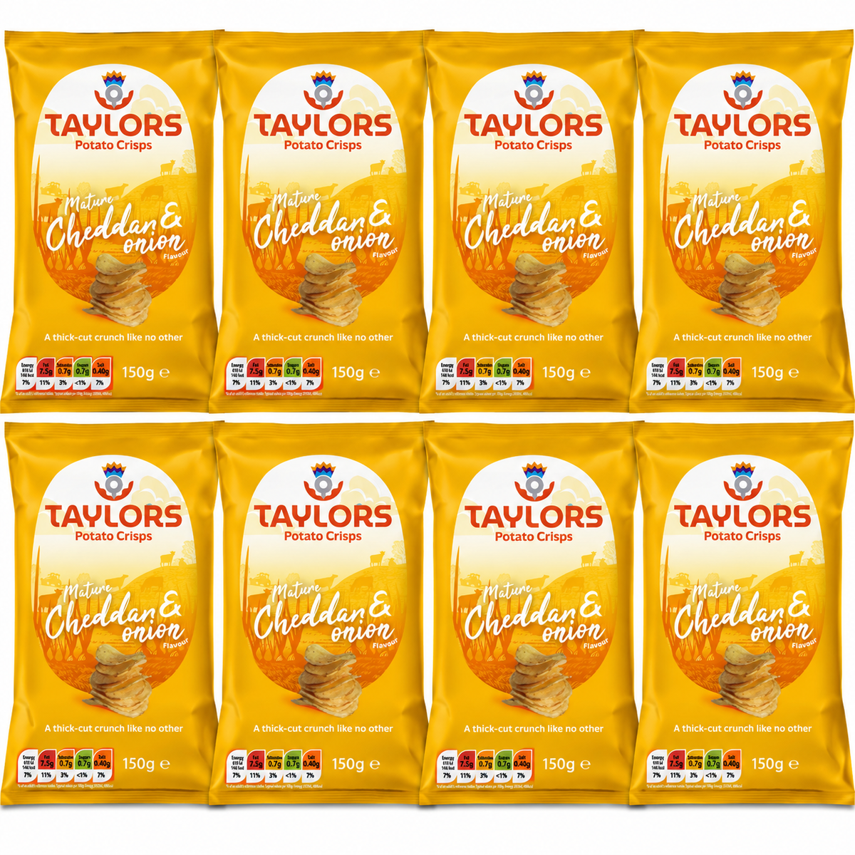Eight bags of Taylors Potato Crisps Mature Cheddar & onion arranged in a 2x4 grid on a white background.