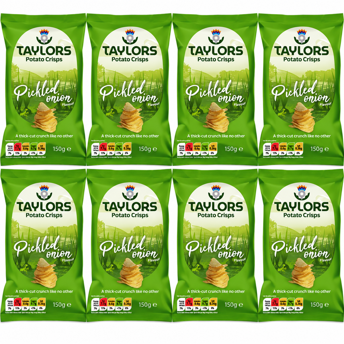 Eight bags of Taylors Potato Crisps Pickled onion arranged in a 2x4 grid on a plain white background.