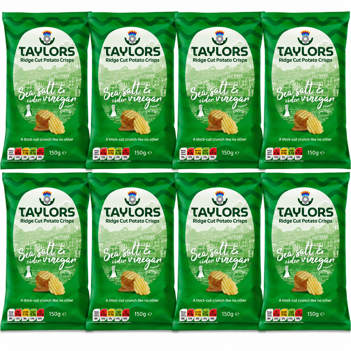Eight bags of TAYLORS Ridge Cut Potato Crisps in Sea salt & oyster vinegar flavor arranged in a 2x4 grid on a white background.