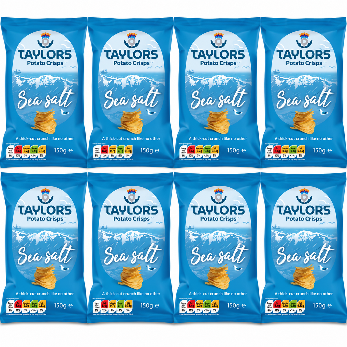 Eight bags of Taylors Sea Salt Potato Crips arranged in a 2x4 grid on a plain white background. Each blue bag shows the Taylors branding, 'Sea salt' text, and a stack of potato crisps near the bottom.