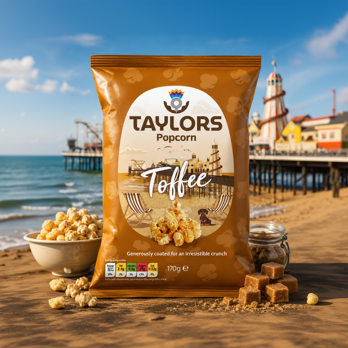 A bag of Taylors Popcorn 'Toffee' snack is shown on a beach background with popcorn kernels and pieces in the foreground.
