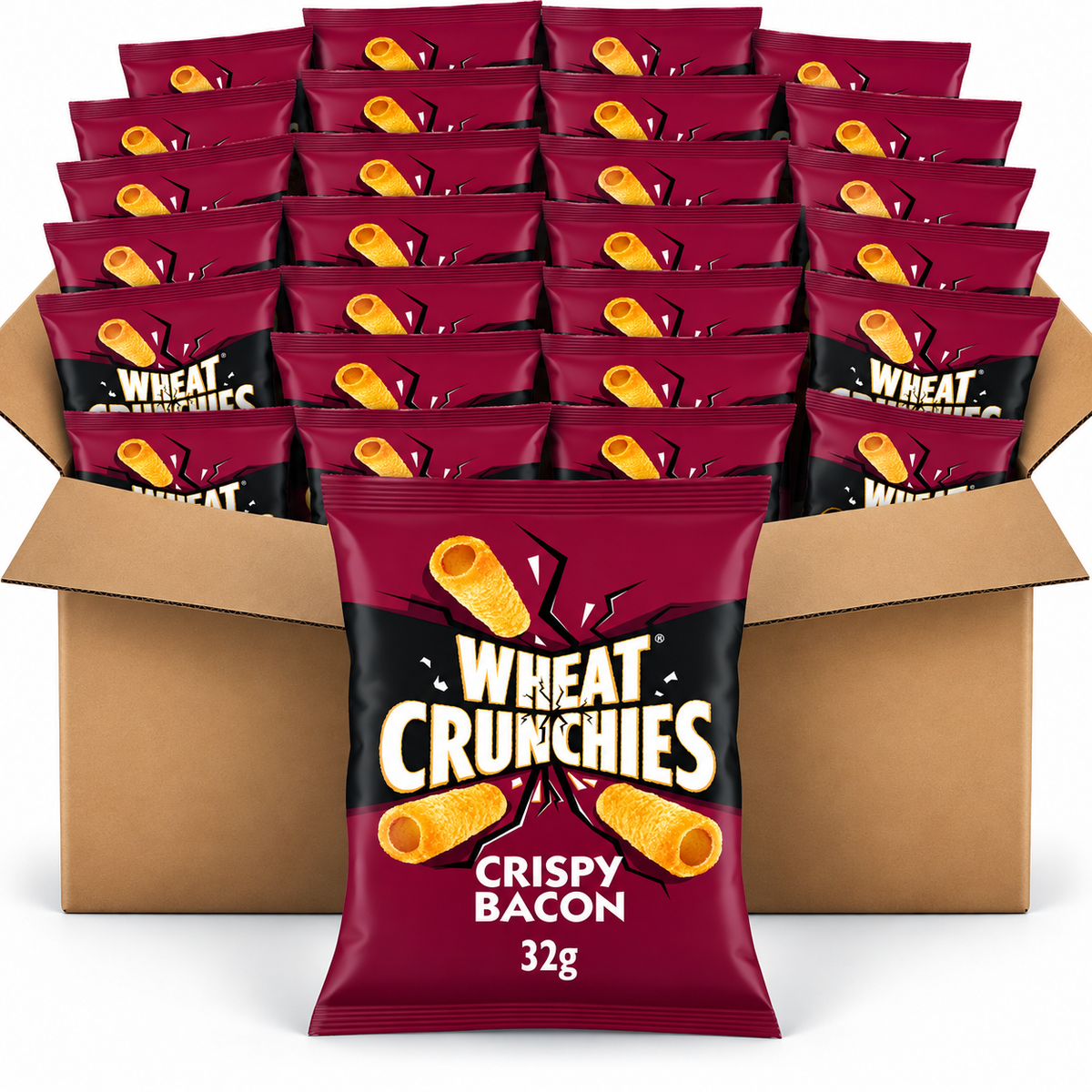A bulk box of Wheat Crunchies Crispy Bacon snack bags, with a single 32g bag displayed in front of a large open cardboard box filled with multiple identical bags.