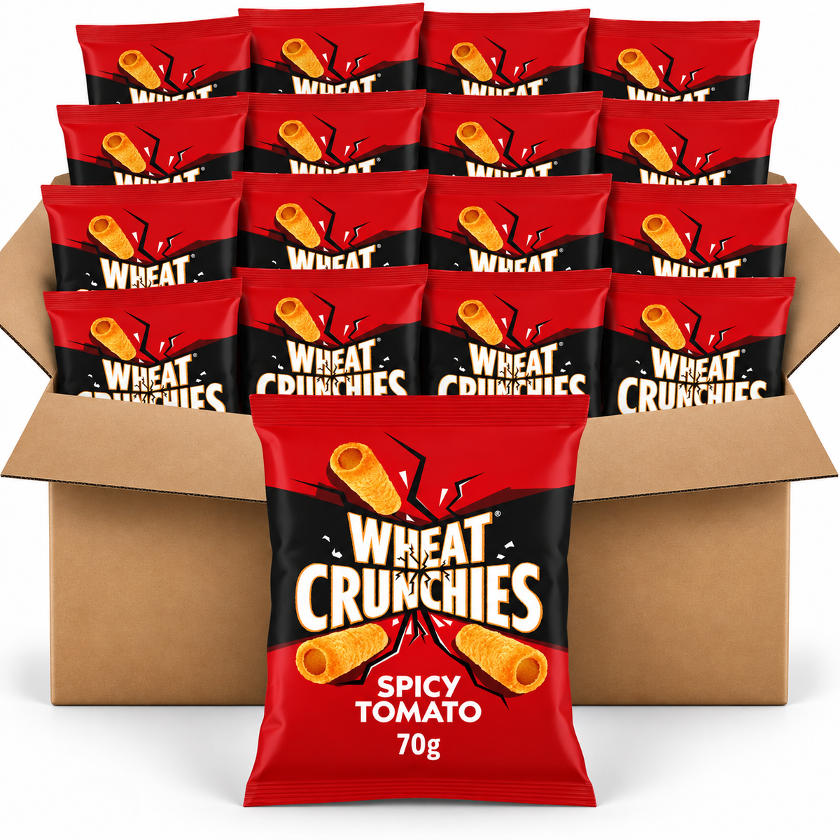 A box filled with multiple bags of Wheat Crunchies Spicy Tomato 70g snack bags, with one bag prominently displayed in front of the box.