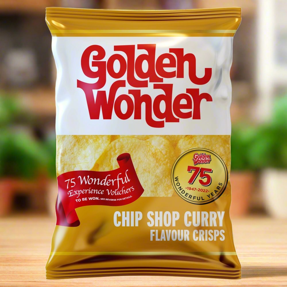 Golden Wonder Chip Shop Curry Flavour Crisps 32.5g 32 PackREDUCED Golden Wonder Chip Shop Curry Flavour Crisps 32.5g Single Bag 