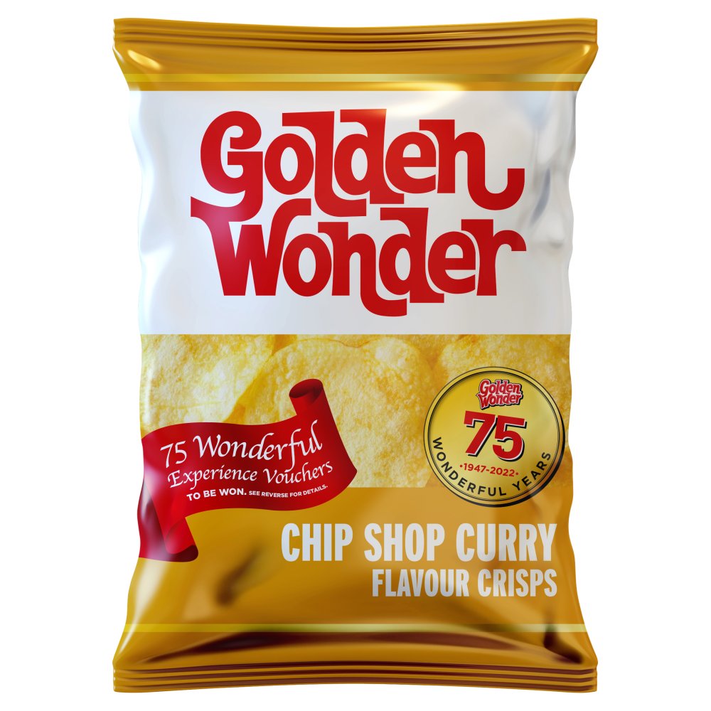 Golden Wonder Chip Shop Curry Flavour Crisps 32.5g 32 PackREDUCED Golden Wonder Chip Shop Curry Flavour Crisps 32.5g Single Bag BBE 25/03/23